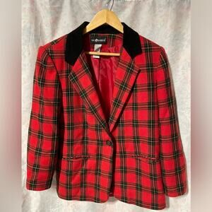 Vintage 80s/90 Red Plaid Wool Blend Blazer Velvet Collar Women's 10/Medium